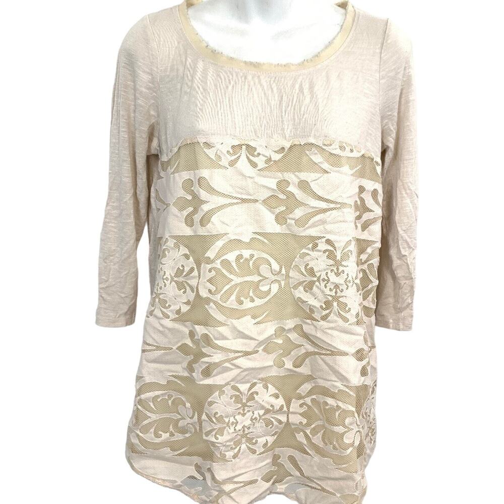 Meadow Rue Anthropologie Ivory 3/4 Sleeve Knit Shirt Top Mesh Lace Cottagecore S
